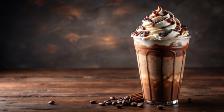 Freshly made chocolate java chip frappe with whipped cream and chocolate drizzle , Coffee, beverage, drink, dessert