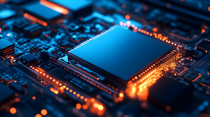 Obraz premium Circuit Board with Processor Close-up 3D Illustration