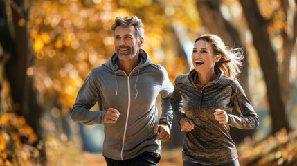 Fototapeta premium A happy romantic couple is jogging for exercise in park while they travel on their summer holiday trip together.