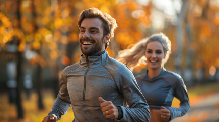 Fototapeta premium A happy romantic couple is jogging for exercise in park while they travel on their summer holiday trip together.