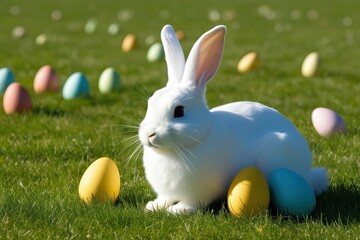 Fototapeta premium Playful Bunny Hiding Colorful Eggs in Bright Sunny Field