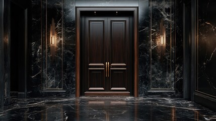 Massive dark wooden doors in an opulent black marble room, contrasting textures and rich design, exuding luxury and elegance