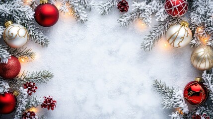 White Christmas background with red and gold ornaments, snow-covered pine branches, and twinkling fairy lights -