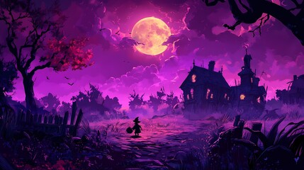 A silhouette of a child trick-or-treating in a spooky village on a Halloween night with a full moon in the sky.