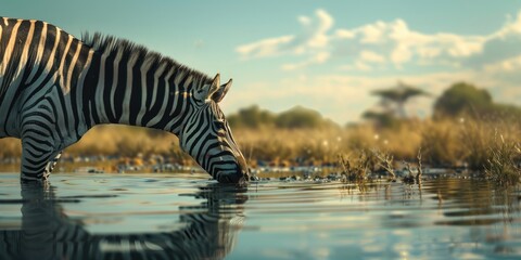 A zebra drinks water at a watering hole.