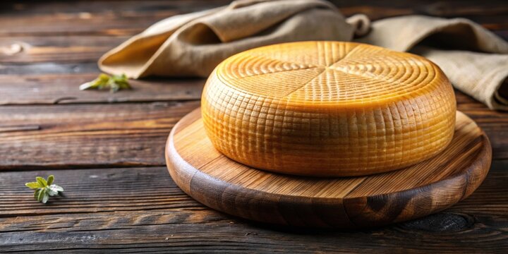 Round smoked cheese in Circassian and Adyghe on a wooden table , cheese, round, smoked, Circassian, Adyghe, wooden table, gourmet