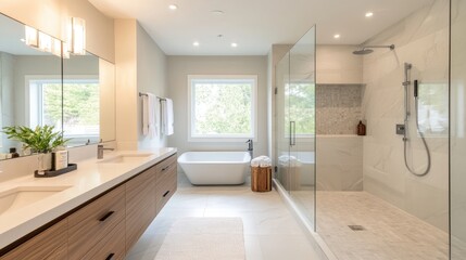 White interior bathroom with clean lines, a large walk-in shower, and natural wood accents for warmth.