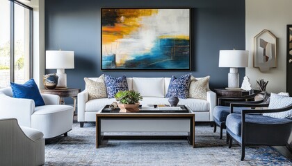 Modern Living Room with White Sofa, Abstract Art, and Blue Accents
