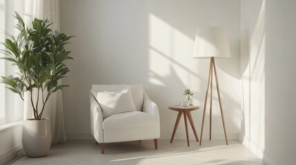 White interior of a cozy reading corner with a comfortable chair, side table, and a floor lamp