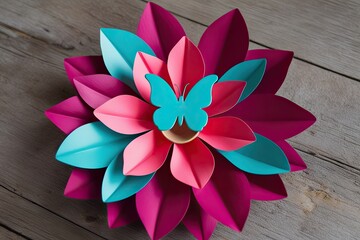 Fototapeta premium Vibrant Raspberry and Aqua Flower Petals Adorned with Decorative Butterflies