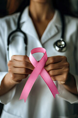 Doctor holding pink breast cancer awareness ribbon