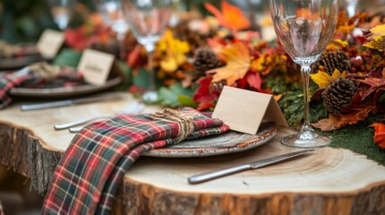 Fototapeta premium Rustic Table Setting with Plaid Napkin and Wooden Place Card