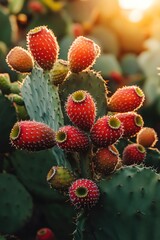 Closeup of bright red prickly pear cactus fruits with green pads in the background, natural daylight
