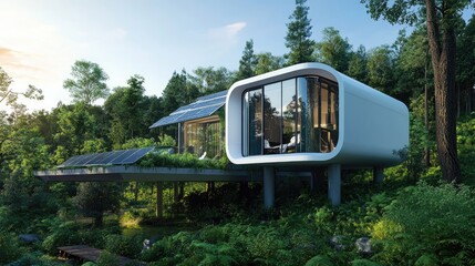 Naklejka premium White solar panels mounted on a futuristic, eco-friendly home with large windows and green surroundings