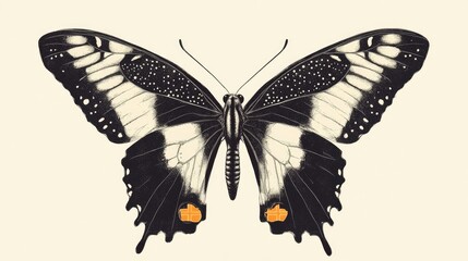 Obraz premium A vintage illustration butterfly, with symmetrical wings featuring black and white patterned wing patterns and an orange cross on each tip, set against a cream background. The design is minimalistic y