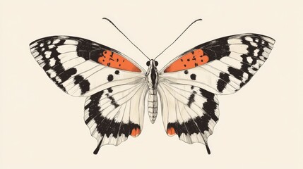 Fototapeta premium A vintage illustration butterfly, with symmetrical wings featuring black and white patterned wing patterns and an orange cross on each tip, set against a cream background. The design is minimalistic y