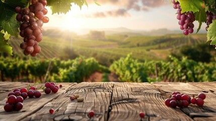 Wooden table with vineyard background for wine product advertisement.