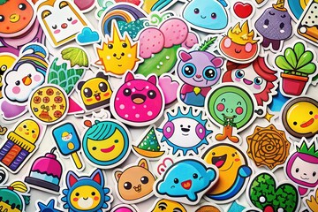 Obraz premium Colorful, whimsical stickers featuring cartoon characters, silly icons, and playful phrases scattered across a white background, adding a dash of humor to any digital project.