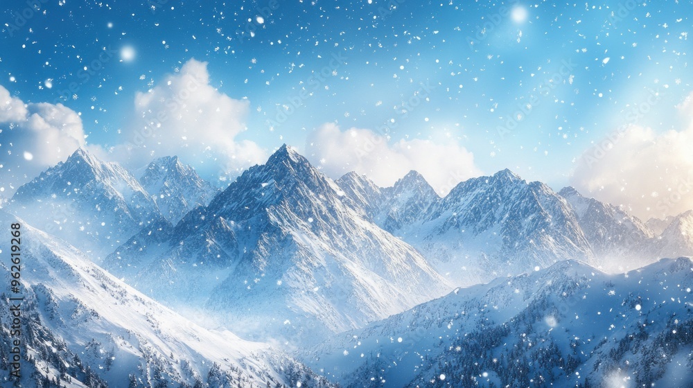 Canvas Prints Snowfall over Snowy Mountain Range with Blue Sky