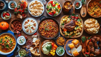 A Feast of Diverse Dishes on a Rustic Wooden Table