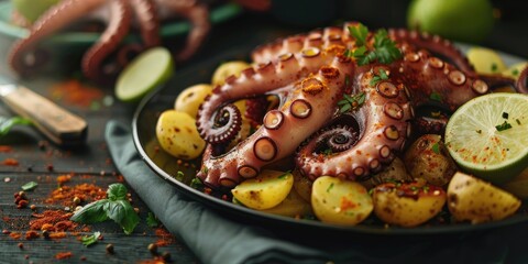 Fototapeta premium Close-up of a tempting octopus dish presented on a bed of potatoes, accompanied by a plate of octopus tentacles, a half lime, and a hearty dash of paprika.