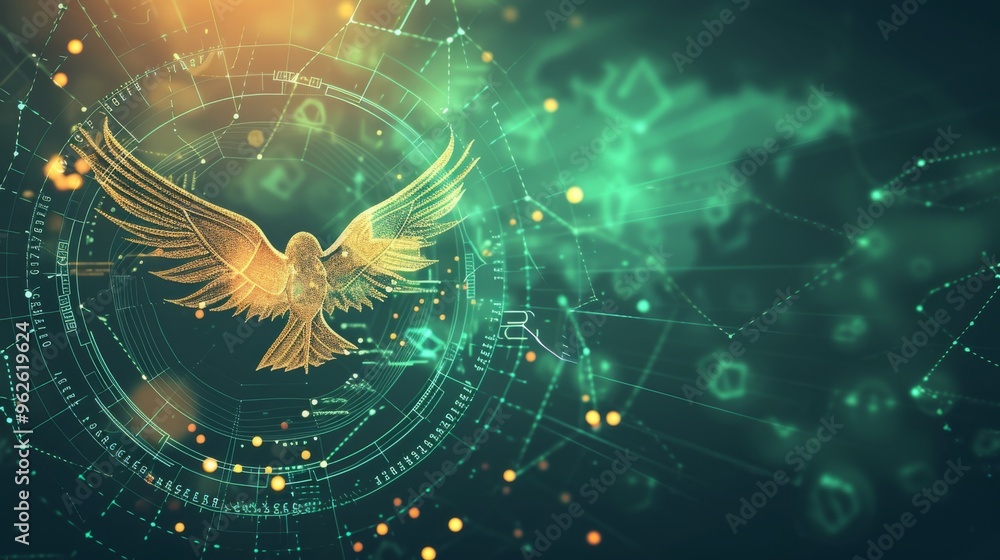 Poster a golden bird with outstretched wings is enveloped by intricate digital network elements on a dark g