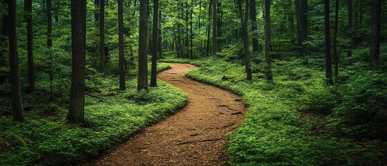 Obraz premium Serene forest path winding through tall, lush green trees on a summer day