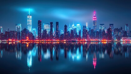 Vibrant New York City skyline at night, reflected in the calm water
