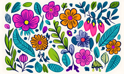 2D illustrator doodle-style floral and leaf graphics on a white background or wallpaper