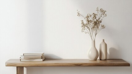 White wall with a sleek wooden console table below, accessorized with a small plant and a stack of books. -