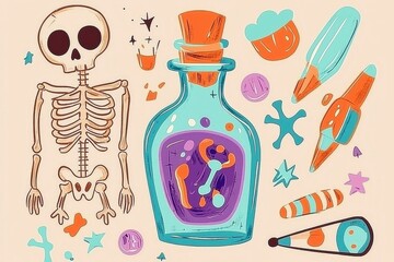 Colorful Skeleton and Potion Bottle Illustration