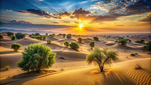 Vibrant colors illuminate a majestic Indian desert landscape at sunset, with rolling dunes, dense thorny trees, and a serene atmosphere evoking tranquility and timeless beauty.