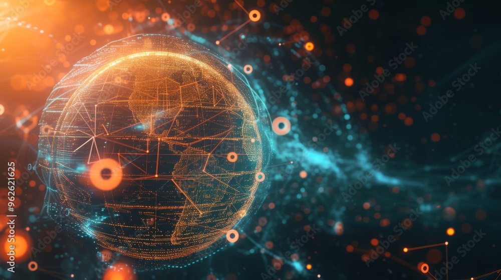 Aufkleber a vibrant, futuristic digital globe with interconnected network nodes glowing in orange and blue hue