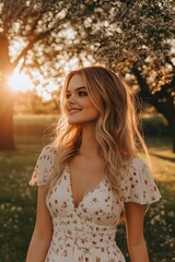 Naklejka premium Beautiful Woman in Floral Dress Smiling in a Meadow at Sunset