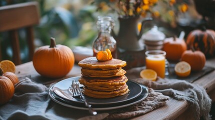 Stack of Pumpkin Pancakes with Orange Garnish
