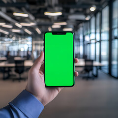 Office worker holding iPhone with green screen in modern workspace.