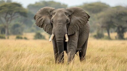 Fototapeta premium Two majestic African elephants walking through the savannah, surrounded by wild grass and trees.