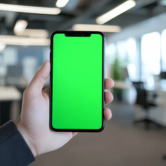 Office worker holding iPhone with green screen in modern workspace.