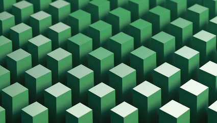 3D geometric pattern of green cube box arranged in repeating grid background with Generative AI Technology