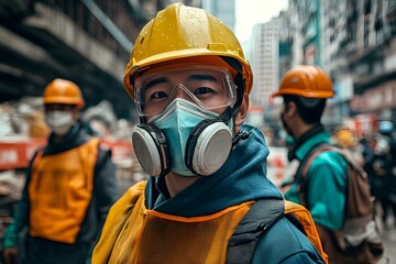 Construction Worker in Safety Gear Wearing Respirator Mask
