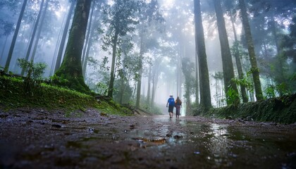 Obraz premium Misty forest with dew-covered leaves.