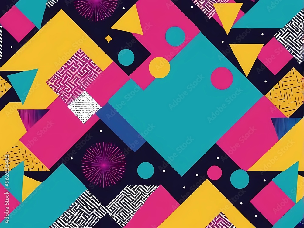 Poster memphis seamless pattern with geometric shapes in 80s style. colorful geometric shapes on a violet b