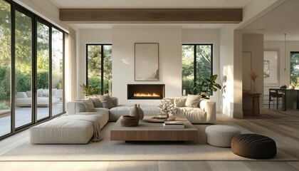 Fototapeta premium Modern Living Room with Fireplace, Sectional Sofa, and Large Windows
