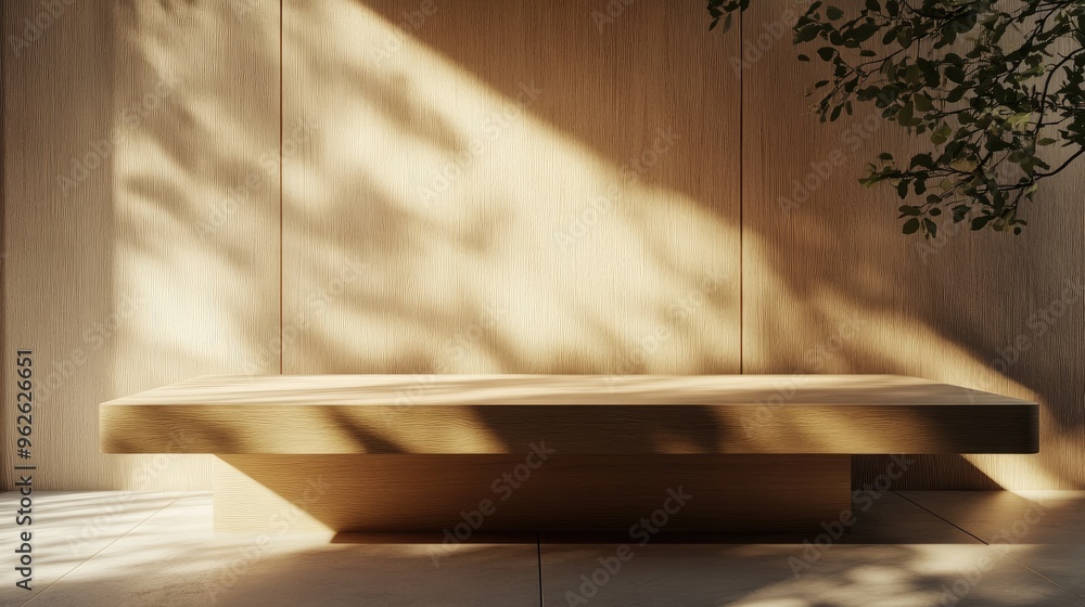 Poster Sunlight highlighting a wooden podium, creating elegant shadows and enhancing the sophisticated appearance of the counter in a natural setting.