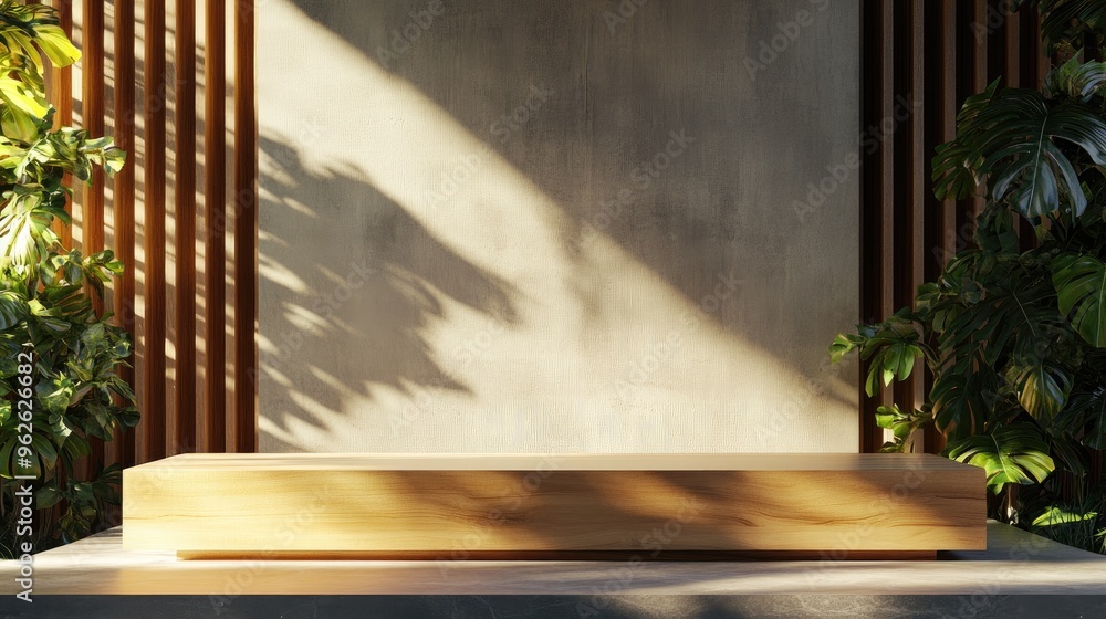 Poster Sunlight highlighting a wooden podium, creating elegant shadows and enhancing the sophisticated appearance of the counter in a natural setting.
