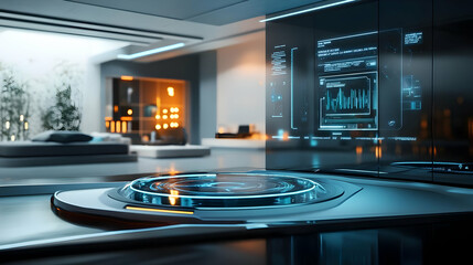 Futuristic Interior Design with Illuminated Glass Platform and Digital Displays - 3D Illustration