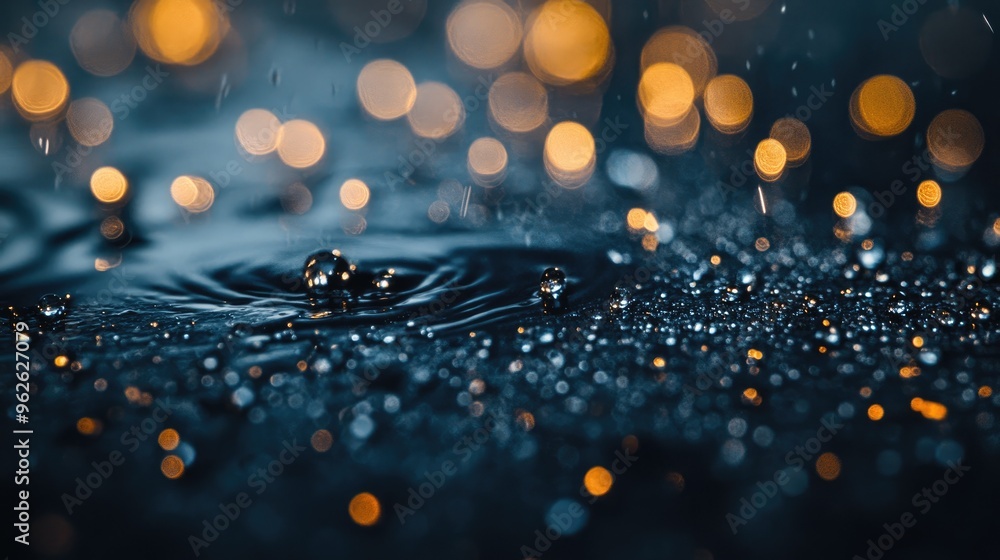 Poster tiny water droplets rest on a dark surface, shimmering like diamonds in the light, creating an abstr