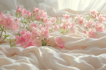 there are pink flowers that are on a white sheet