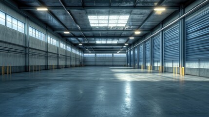 Wide-angle view of a large, vacant commercial warehouse exterior, designed for shipping, storage, and logistics