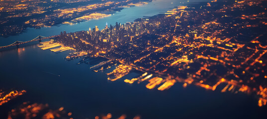 Aerial view of New York City skyline illuminated at night